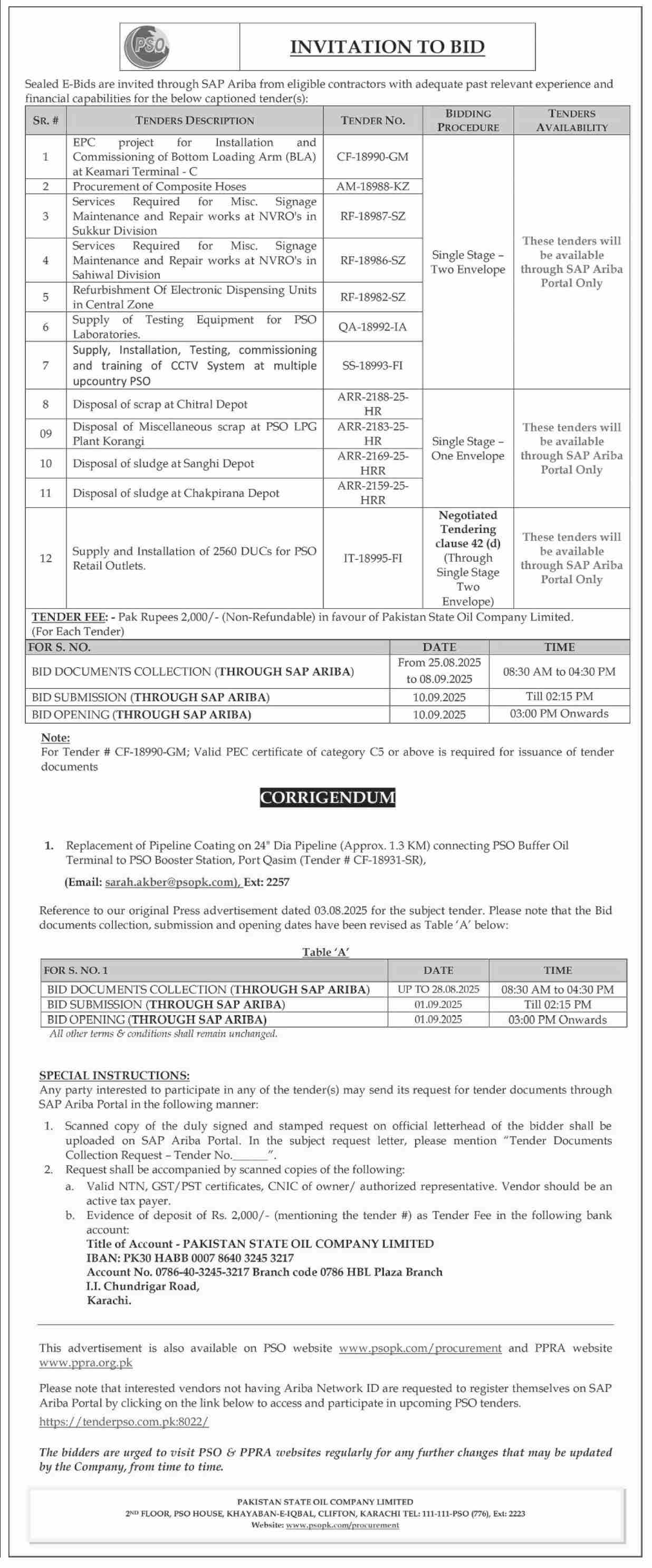 Pakistan State Oil Company Limited Karachi Tender Notice